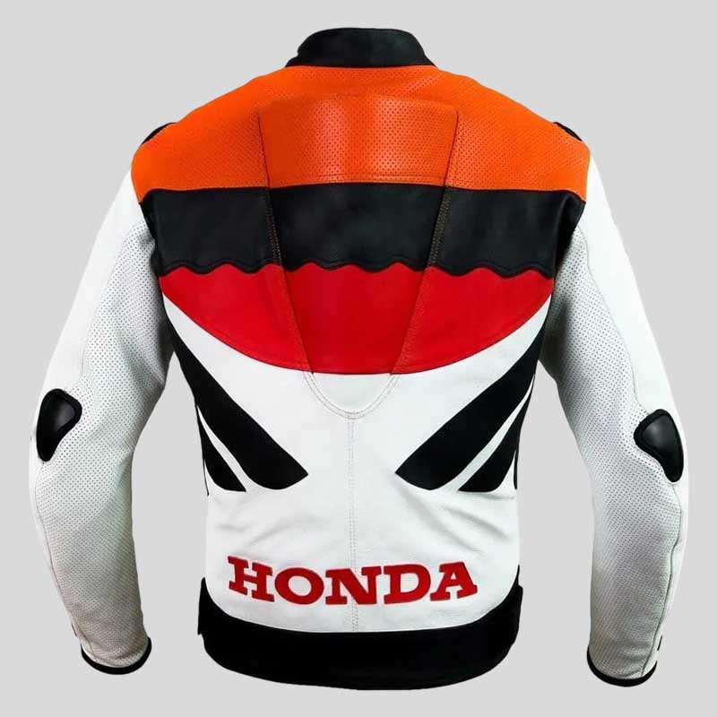 Back view of Honda Repsol CE armored genuine cowhide leather jacket displaying full racing design by Jackets Kingdom