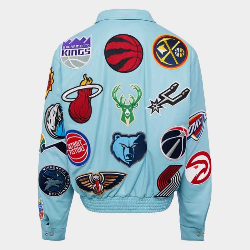 Back view of NBA Team Logo Patch Varsity Leather Jacket showing detailed Lakers Bulls Knicks Warriors team logos