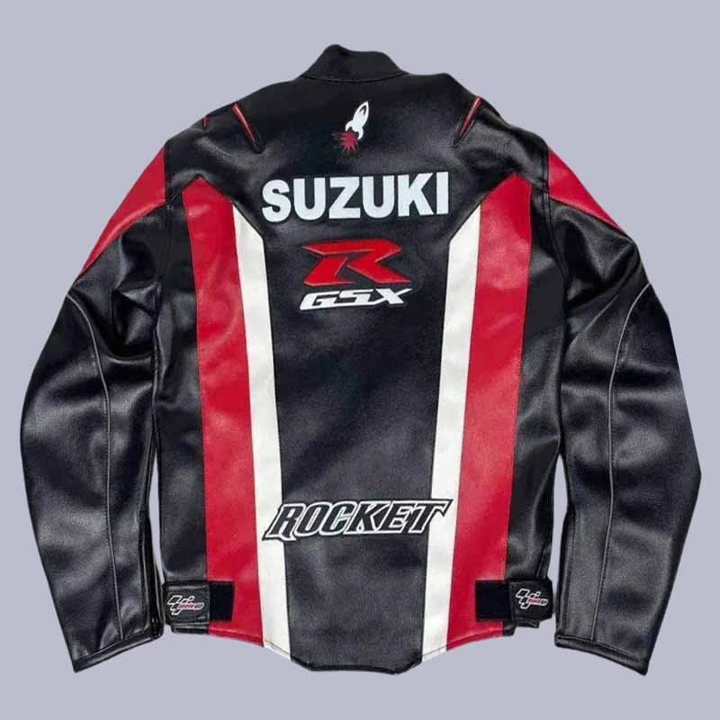 Back view of Suzuki GSXR black leather jacket with Rocket branding