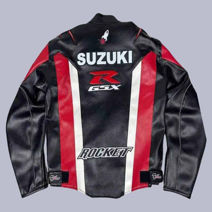Back view of Suzuki GSXR black leather jacket with Rocket branding