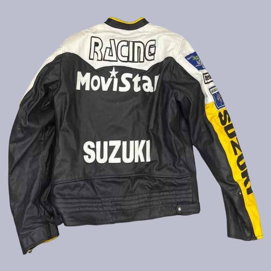 Back view of Suzuki Movistar racing leather jacket with MotoGP branding
