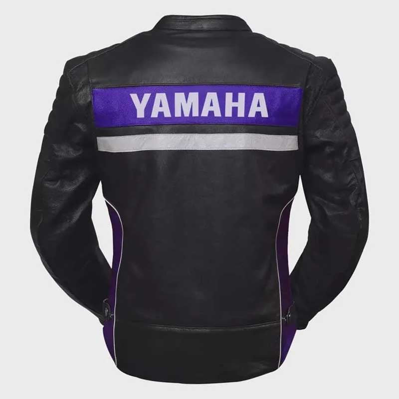 Back view of handmade Yamaha leather jacket displaying racing-inspired design and premium cowhide finish by Jackets Kingdom