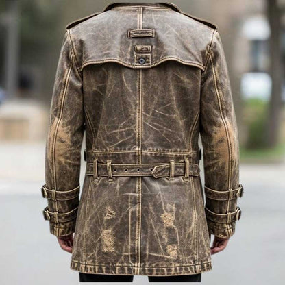 Back view of men's brown leather trench coat with belted waist by Jackets Kingdom