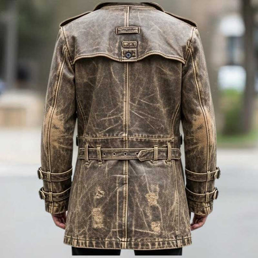 Back view of men's brown leather trench coat with belted waist by Jackets Kingdom