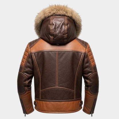Back view of men's dual tone brown sheepskin leather biker jacket by Jackets Kingdom