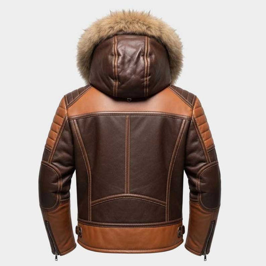 Back view of men's dual tone brown sheepskin leather biker jacket by Jackets Kingdom