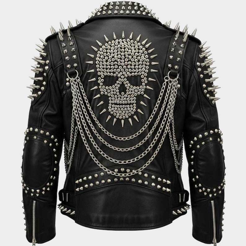 Back view of studded leather biker jacket showing intricate skull design detail by Jackets Kingdom