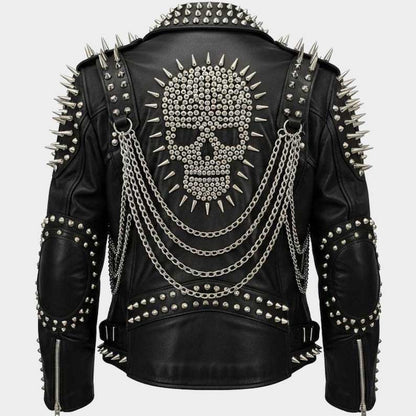 Back view of studded leather biker jacket showing intricate skull design detail by Jackets Kingdom