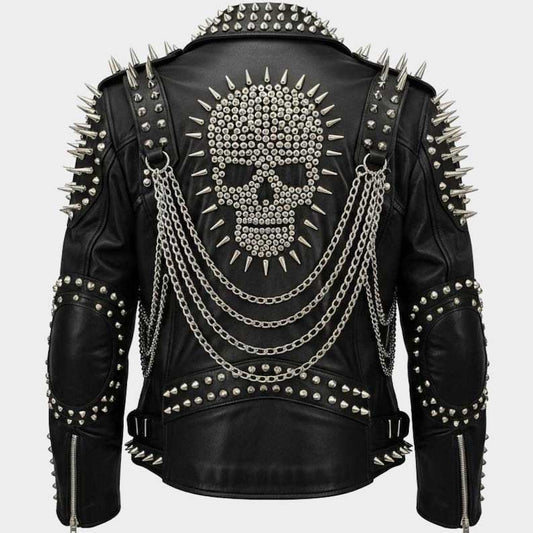 Back view of studded leather biker jacket showing intricate skull design detail by Jackets Kingdom