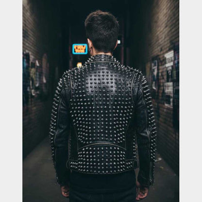 Back view showing studded design of Black Studded Leather Jacket for Men by Jackets Kingdom