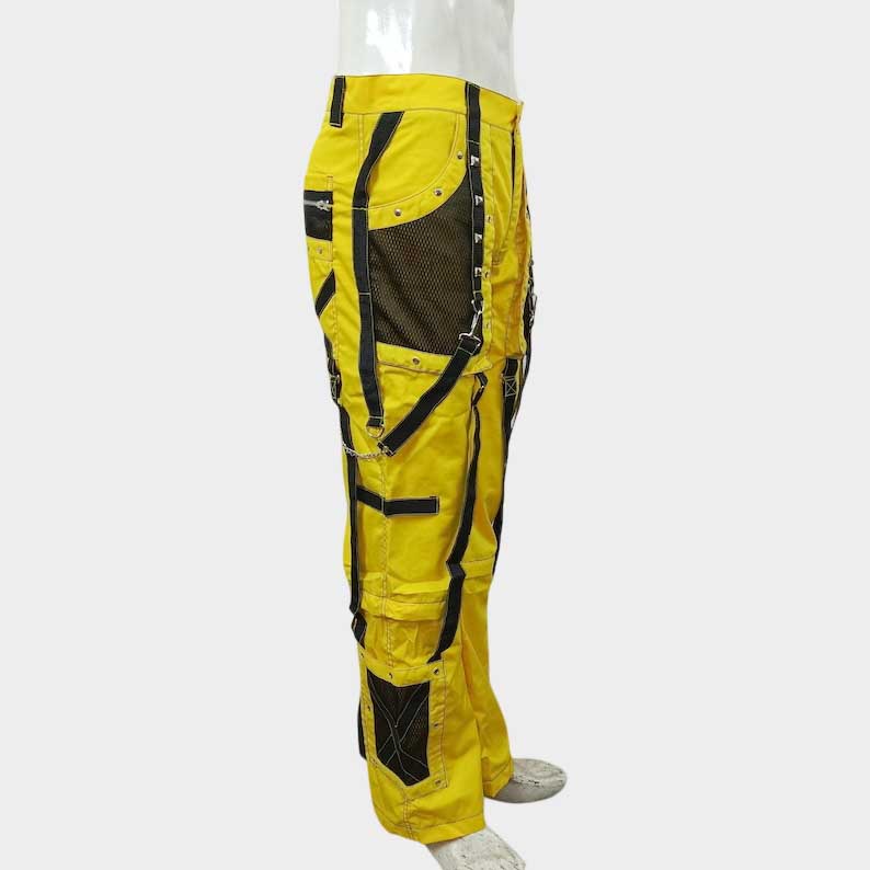 Baggy fit yellow industrial trousers with adjustable drawstring waist by Jackets Kingdom