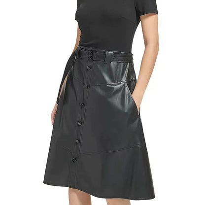 Black Leather A-Line Skirt for Women