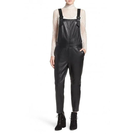 Black Leather Overalls Full Body Ladies Romper - Edgy and Fashion-Forward