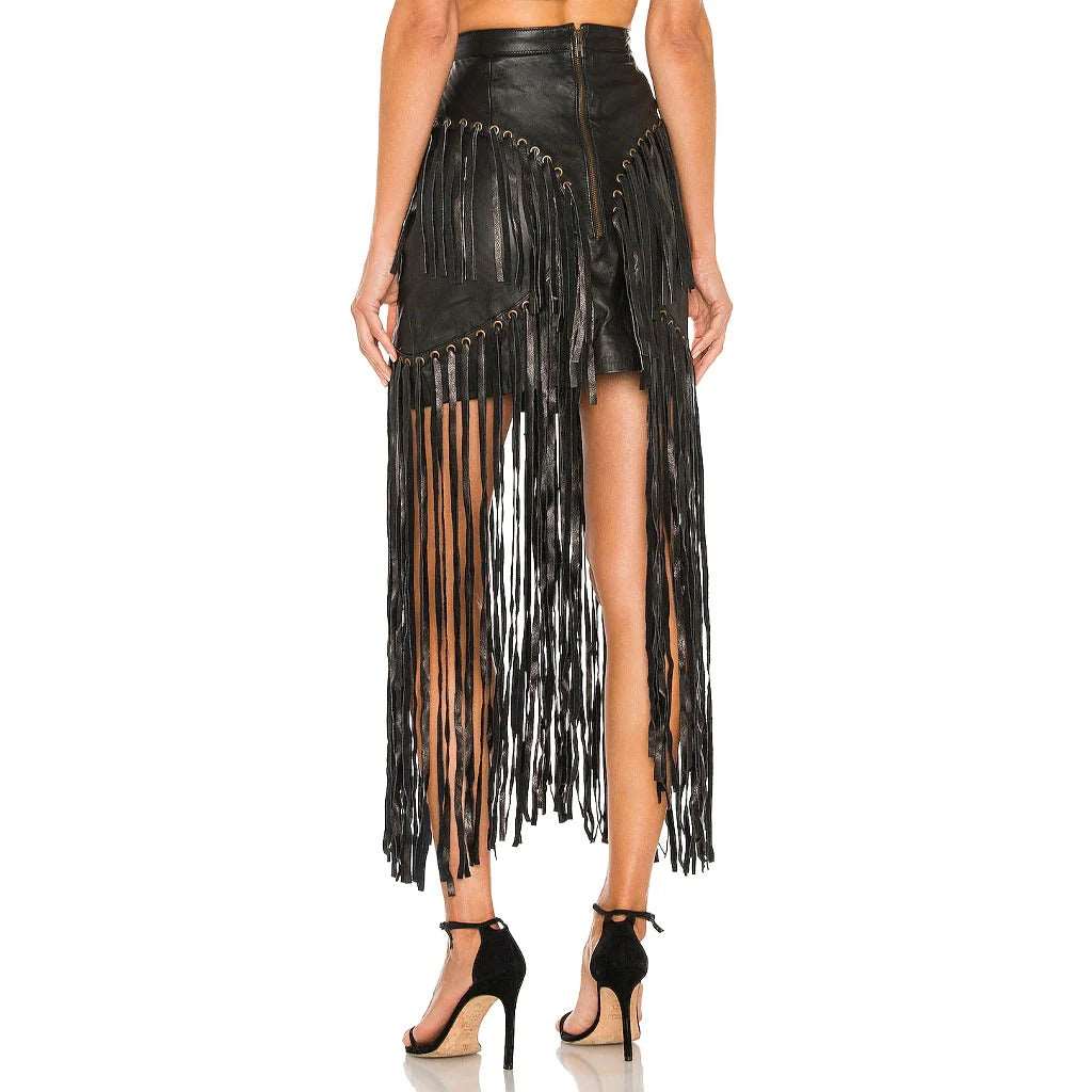 Black Long Fringe Detailed Women's Leather Skirt
