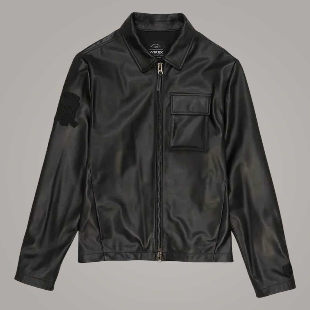 Black Aviator Shirt Style Avirex Leather Jacket Front View by Jackets Kingdom