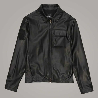 Black Aviator Shirt Style Avirex Leather Jacket Front View by Jackets Kingdom