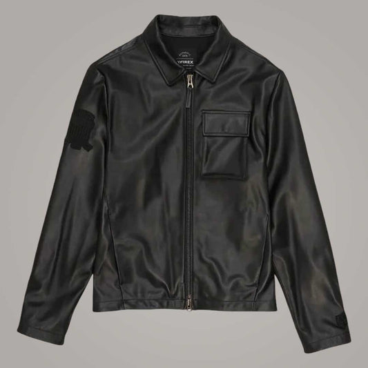 Black Aviator Shirt Style Avirex Leather Jacket Front View by Jackets Kingdom