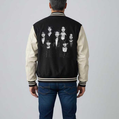 Black BTS World Tour 2026 Wool and Leather Bomber Jacket