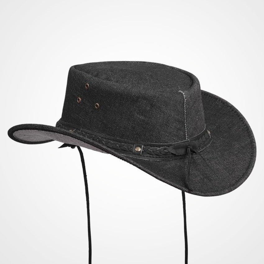 Black Denim Cowboy Hat with Braided Leather Band