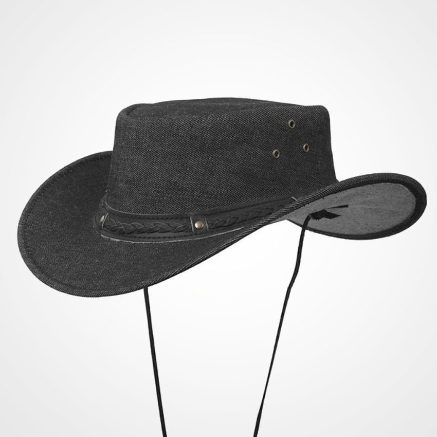 Black Denim Cowboy Hat with Braided Leather Band