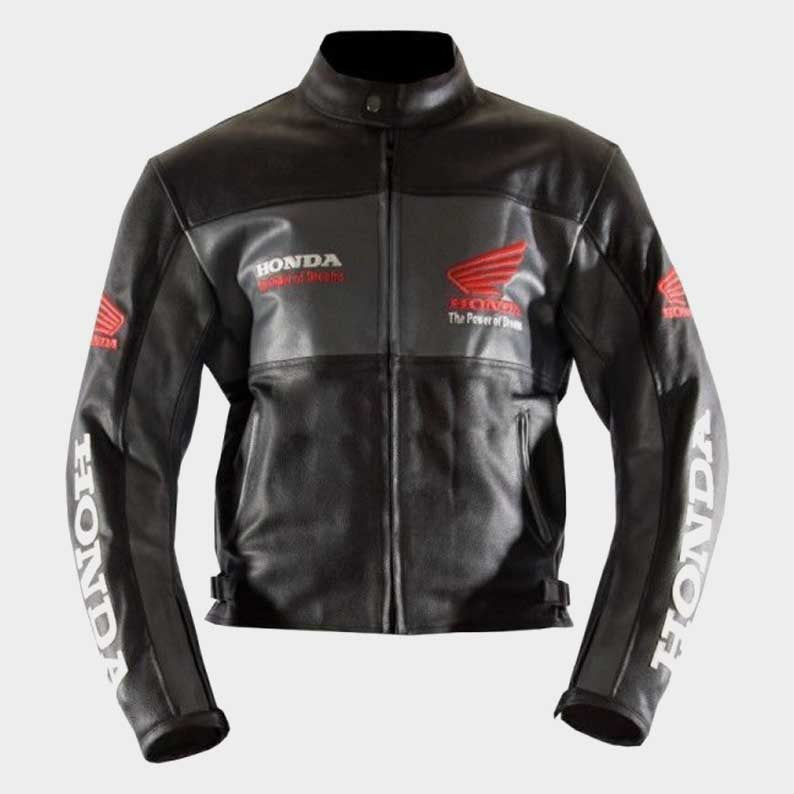 Black Honda Motorbike Real Cowhide Leather Jacket with CE armor front view by Jackets Kingdom