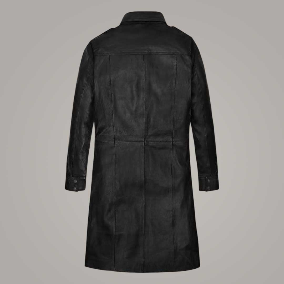 Black Leather Button Front Trench Jacket for Women Close Up Detail by Jackets Kingdom