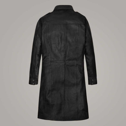 Black Leather Button Front Trench Jacket for Women Close Up Detail by Jackets Kingdom