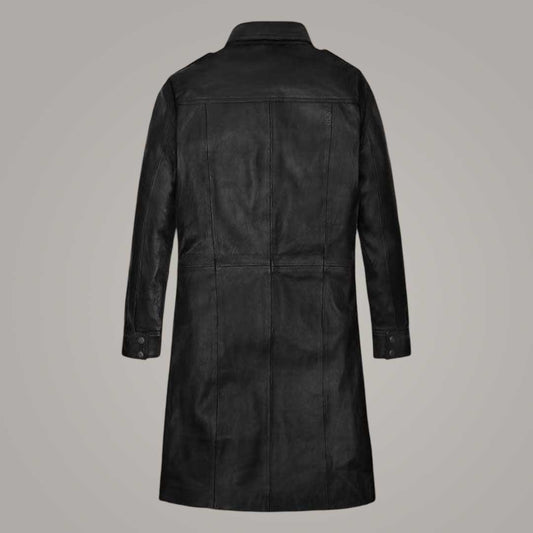 Black Leather Button Front Trench Jacket for Women Close Up Detail by Jackets Kingdom