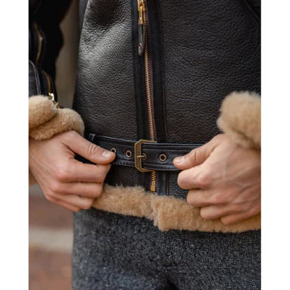 Black Men's Aviator Fur Sheepskin Leather Jacket