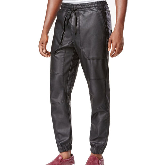 Black Leather Jogger Pants for Men - Black Leather Pant