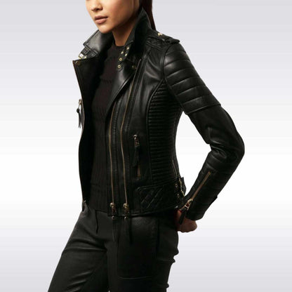 Black Quilted Biker Leather Jacket for Women