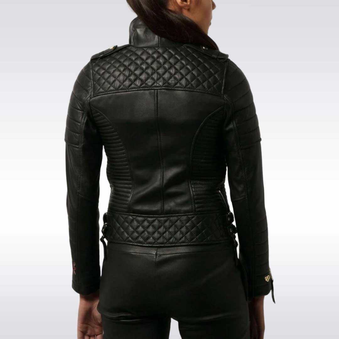 Black Quilted Biker Leather Jacket for Women