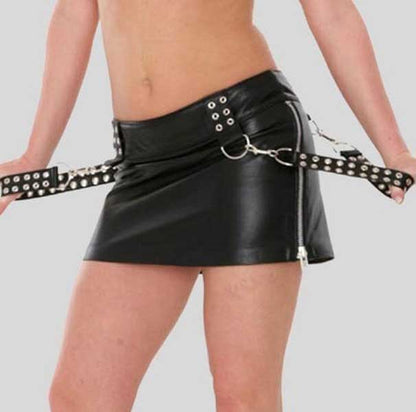 Black Real Leather Mini Skirt with Metal Rings