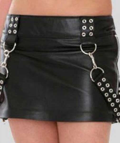 Black Real Leather Mini Skirt with Metal Rings