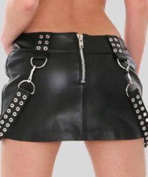 Black Real Leather Mini Skirt with Metal Rings