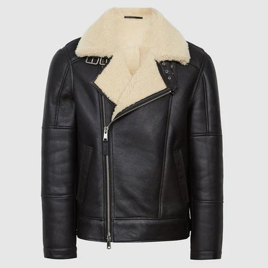 Black Shearling Aviator Jacket for Men