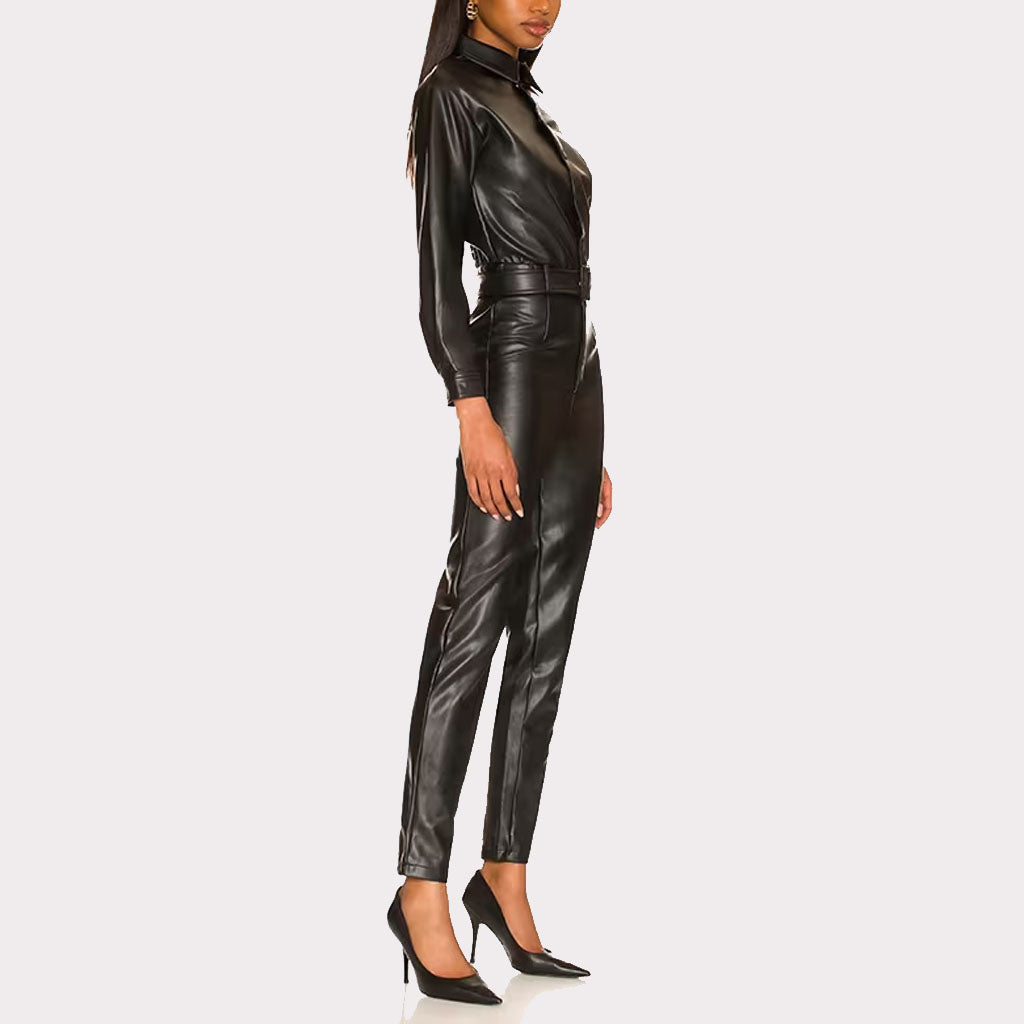 Black Women's Leather Jumpsuit