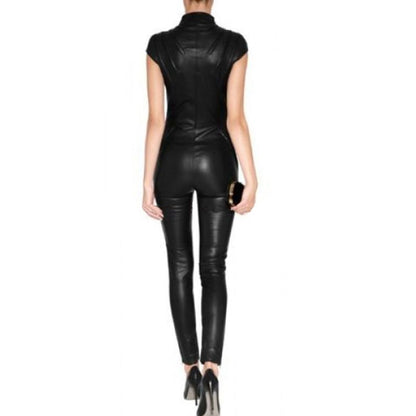 Short Sleeves Leather Jumpsuit