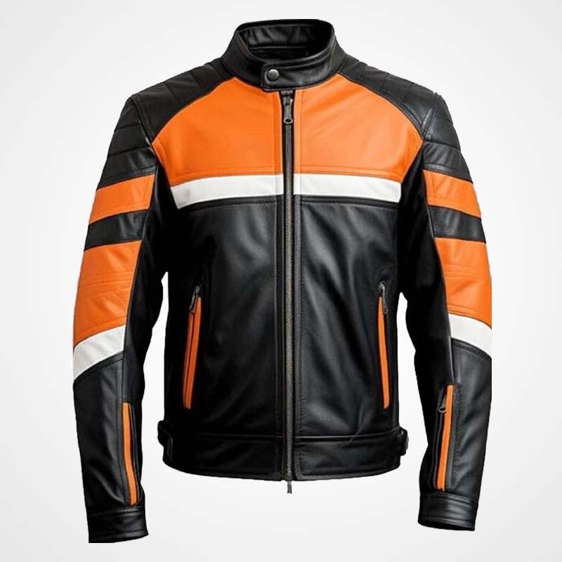 Black and Orange Cowhide Leather Biker Jacket – Custom Fit