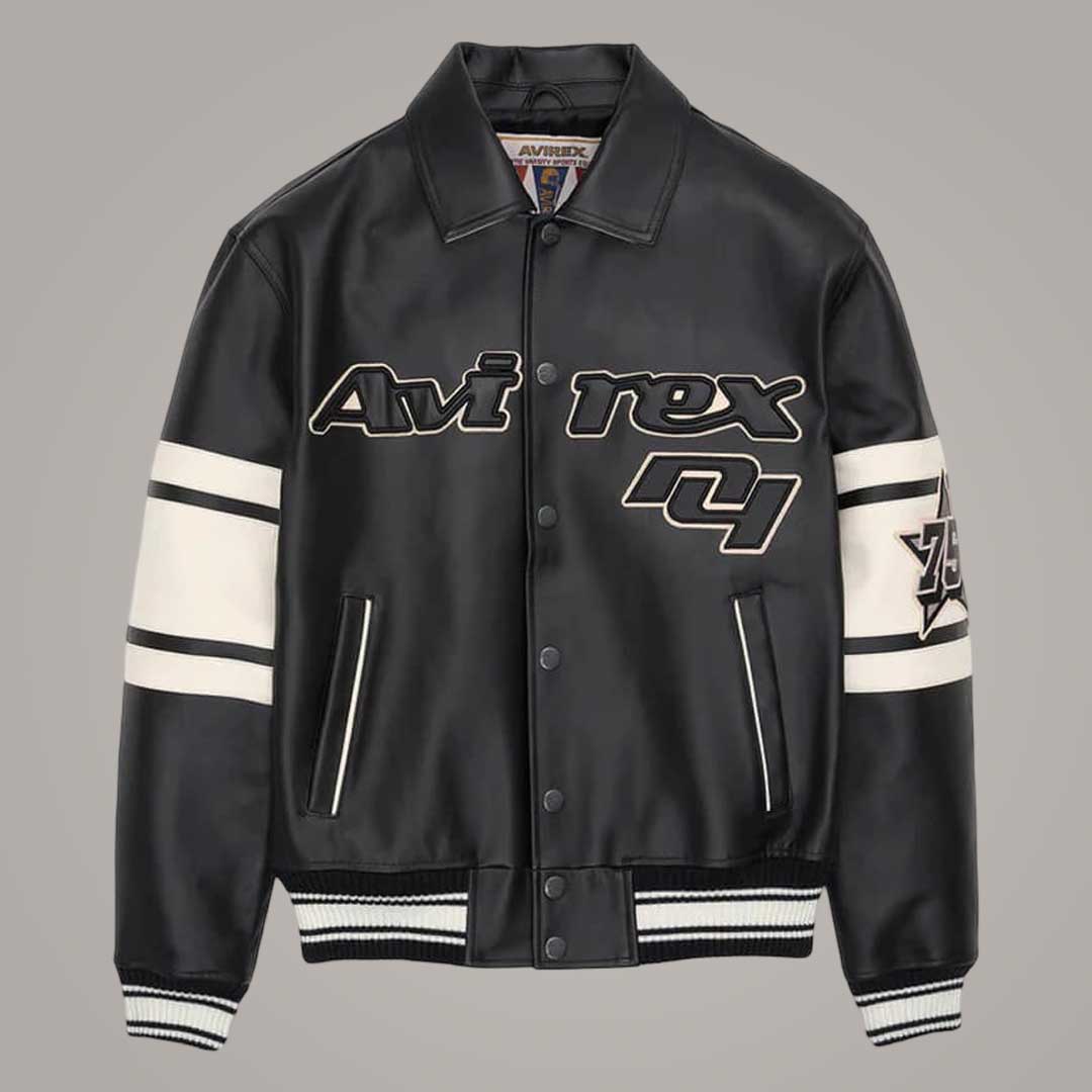 Black and White Brooklyn Letterman Leather Jacket Front View by Jackets Kingdom