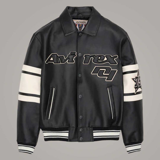 Black and White Brooklyn Letterman Leather Jacket Front View by Jackets Kingdom