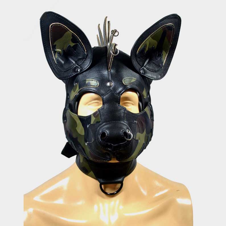 Black and camo pup hood with spiked inner ears and adjustable straps by Jackets Kingdom