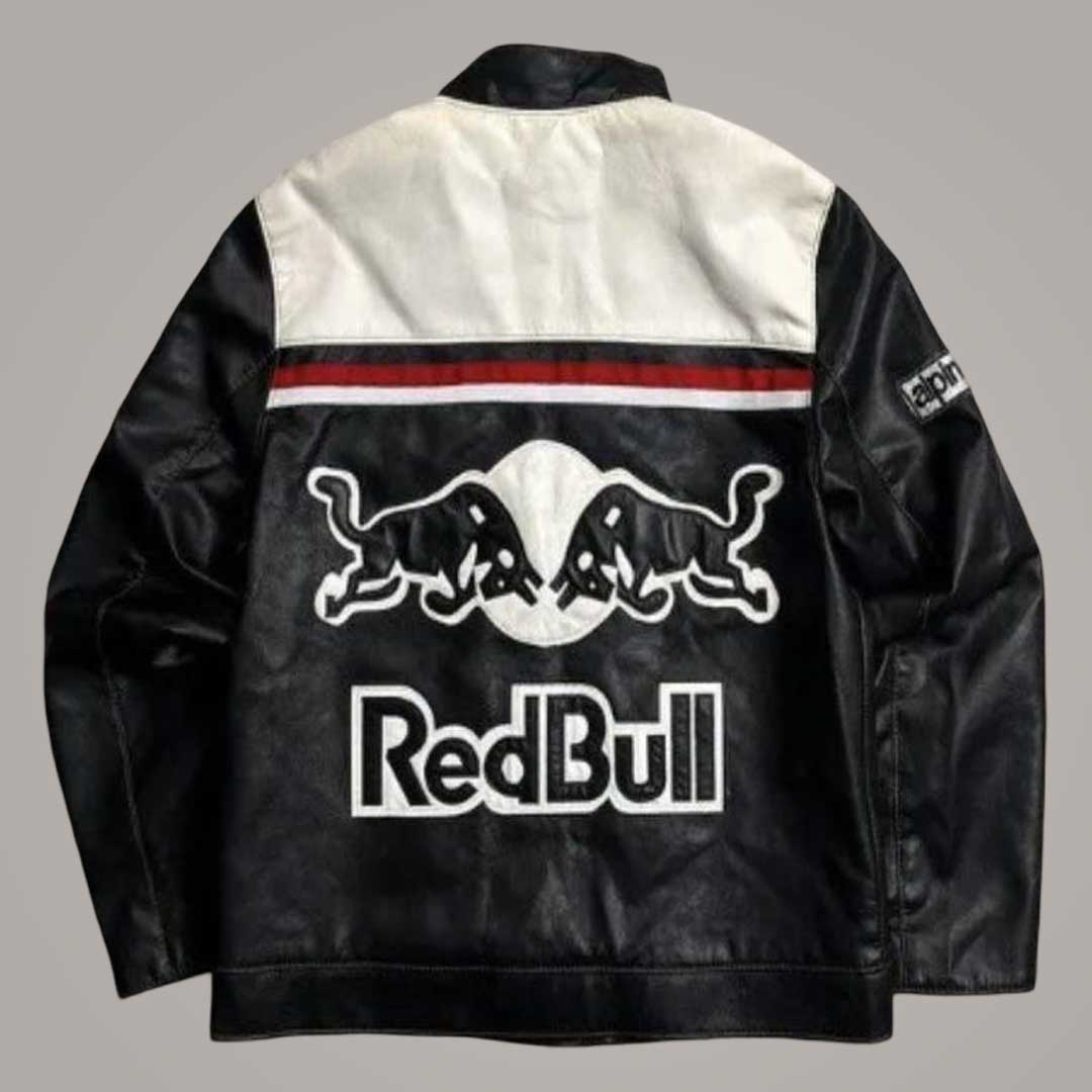 Black and white cowhide racing biker jacket by Jackets Kingdom