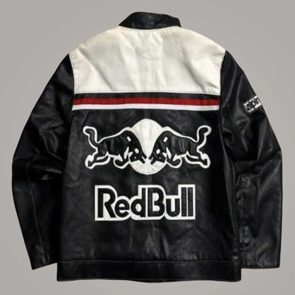 Black and white cowhide racing biker jacket by Jackets Kingdom