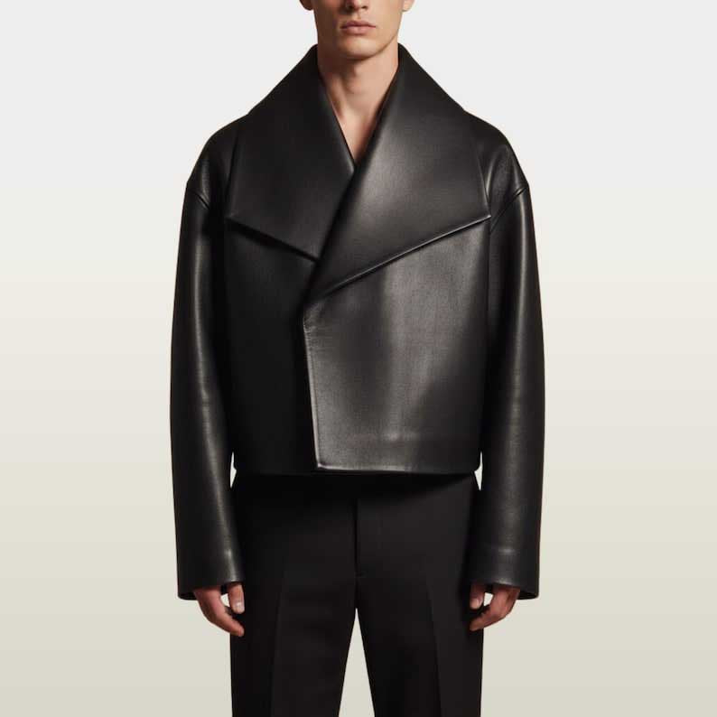 Black architectural leather jacket for men with oversized shawl collar and cropped fit by Jackets Kingdom