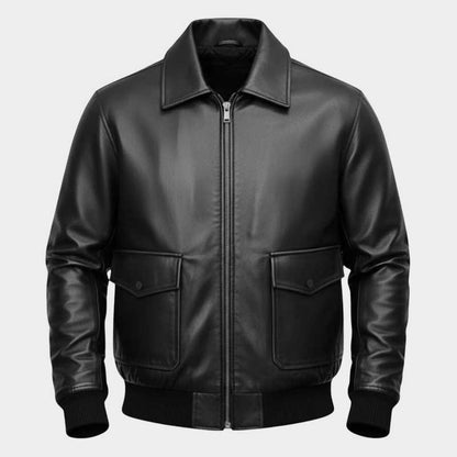 Black aviator flight jacket with pointed collar and distressed vintage finish