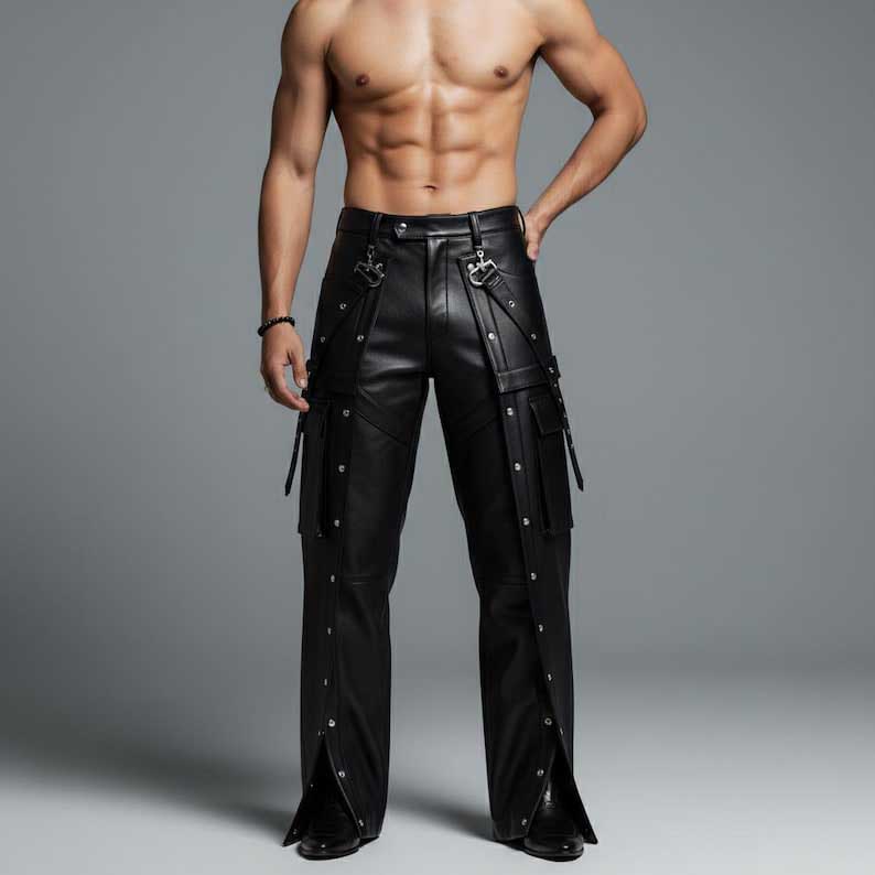 Black cargo leather pants with snap button side openings and structured waistband by Jackets Kingdom