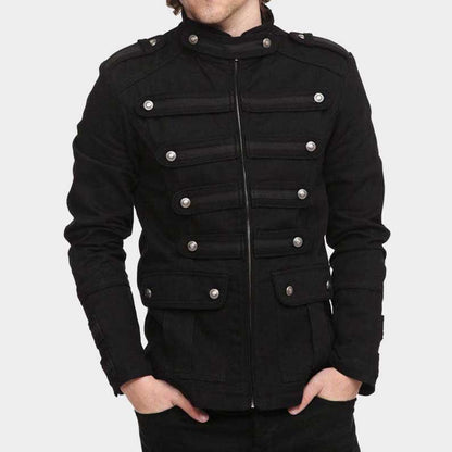 Black cotton military officer jacket featuring zip up closure by Jackets Kingdom