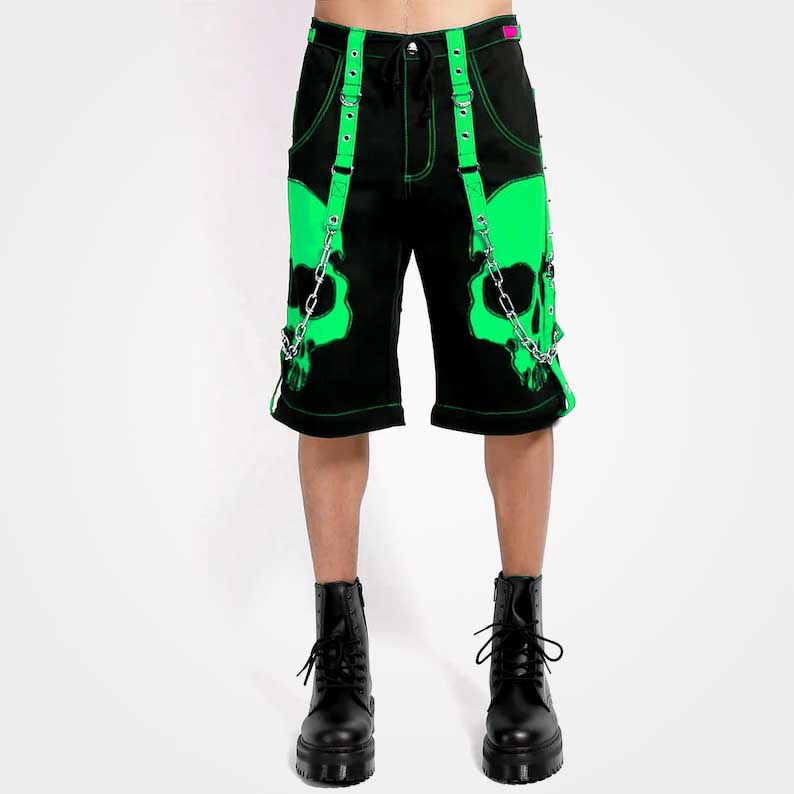 Black cyberpunk pants with green accents and removable chains by Jackets Kingdom