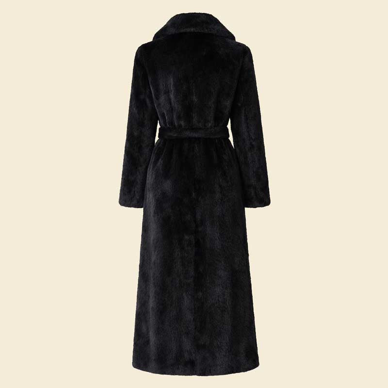 Black faux fur long coat with belt and shawl collar